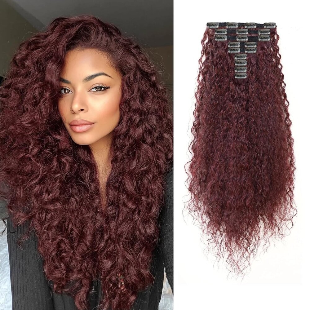 NEW Burgundy Clip In 24" Long Curly Dark 9 Piece Layered Invisible Extensions